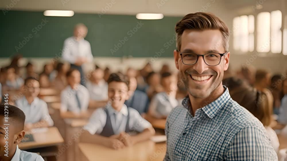 Poster man in glasses teaching children in classroom generative ai