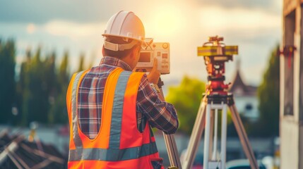 A surveyor in a high-visibility vest works with a theodolite on a tripod at sunset. Created with Generative AI
