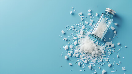 Spilled salt and saltshaker on blue background , generative ai