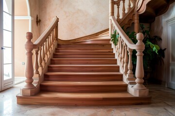 Timeless Teak Staircase in a Dusty Rose Art Gallery,  Ample Copy Space for Text.