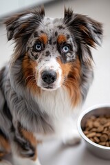 Cute Australian Shepherd Puppy with Blue Eyes Staring into Camera, Sitting on Floor Next to Bowl of Dog Food