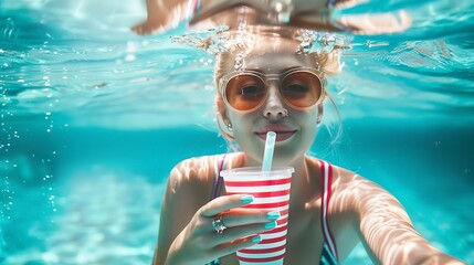 Fototapeta premium Summer lifestyle portrait of young stunning blonde girl Enjoying life smiling drinking cocktail in the turquoise sea Wearing stylish sunglasses stripes swimsuit Half over half under wa : Generative AI