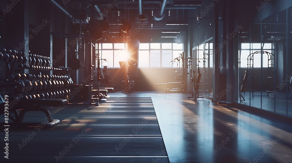 Aufkleber empty gym and interior space or dark room with window and light flare for exercise training and fitn
