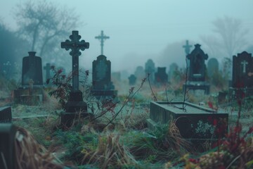 Fototapeta premium Tranquil and eerie misty cemetery at dawn with overgrown tombstones and foggy crosses creating a moody and atmospheric atmosphere full of solitude and reverence