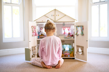 Girl, dollhouse and home for playing, toys and fun in adorable, child and miniature. Creative,...