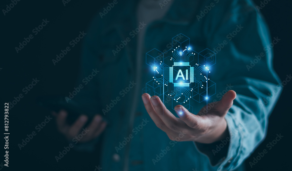 Poster chat robot ai assistant concept. business man show smart ai chatbot. modern technology ai or artific