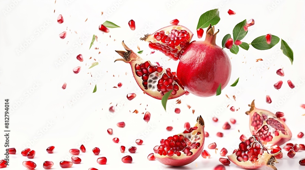 Poster flying in air fresh ripe whole and cut pomegranate with seeds and leaves isolated on white backgroun