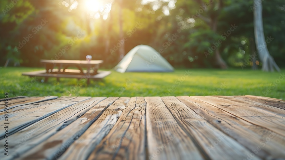 Poster wooden table top on blur tent camping travel tent and grass fieldfresh and relax conceptfor montage 
