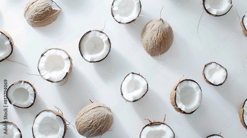 Poster creative layout made of coconut on white background flat lay food concept : generative ai