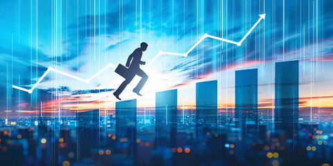 Elevating Success: black Businessman Triumphantly Ascends trading Stairs, Leaping Upwards, Amid Financial Charts Showing Uptrend, Stock Market Analysis, Cityscape Background, Generative AI"