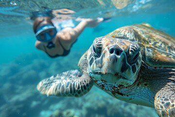 Fototapeta premium Close-up of a sea turtle and behind it a woman snorkeling