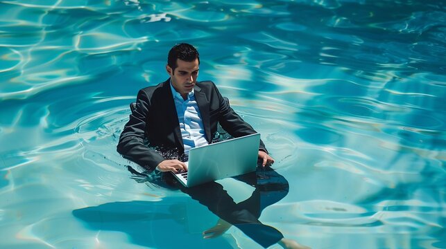Businessman in suit with laptop in swimming pool Crazy business man on summer vacation Excited businessman in wet suit in swim pool Funny business man crazy comic business concept Remo : Generative AI
