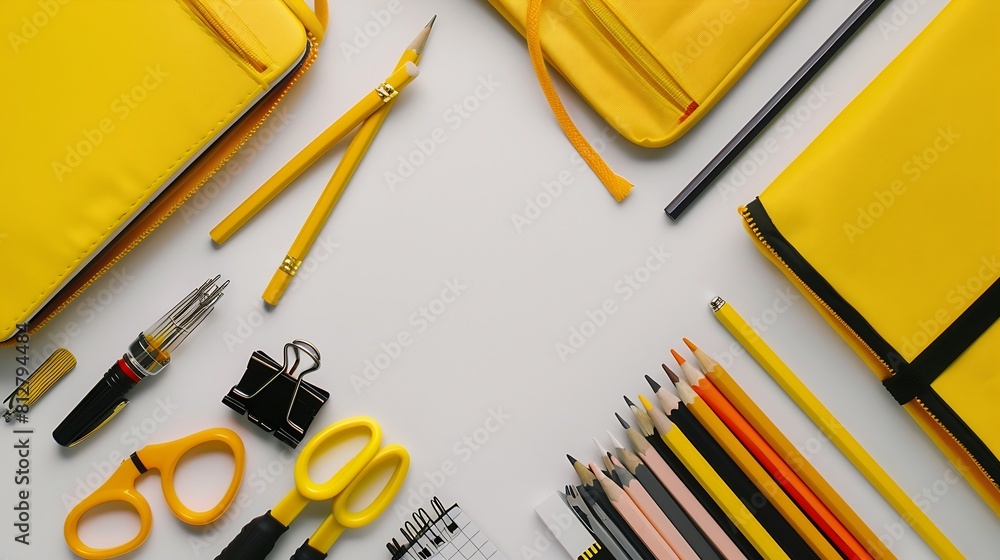 Poster back to school concept flat lay top view on school supplies stack notebook yellow full pencil case w