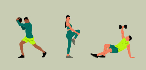 People in sportswear in the gym. Man, and woman in fitness apparel, holding dumbbells. Flat hand-drawn vector illustrations isolated on a white background