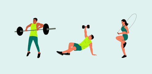 People in sportswear in the gym. Man, and woman in fitness apparel, holding dumbbells. Flat hand-drawn vector illustrations isolated on a white background