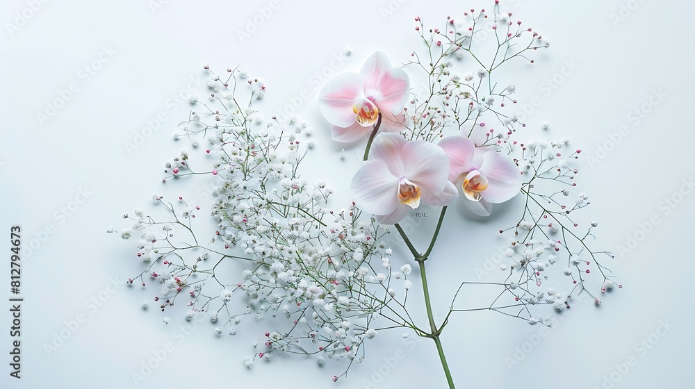 Poster Orchid flowers and gypsophila bouquet creative layout Flower composition isolated on white background Holiday and happy mothers day concept Design element Flat lay top view : Generative AI