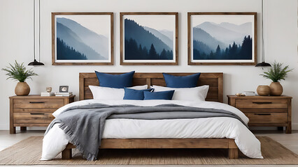 Rustic wooden bed with blue pillows and two bedside cabinets against white wall with three posters frames. Farmhouse interior design of modern bedroom ,Generative AI