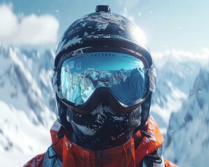 Point of view of a skier with GPSenabled goggles navigating a snowy mountain, front view, Guided mountain descent, digital binary as object, Vivid