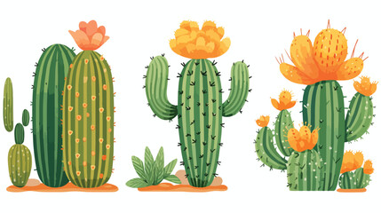 Cactus and its flowers set engraving vector illustr