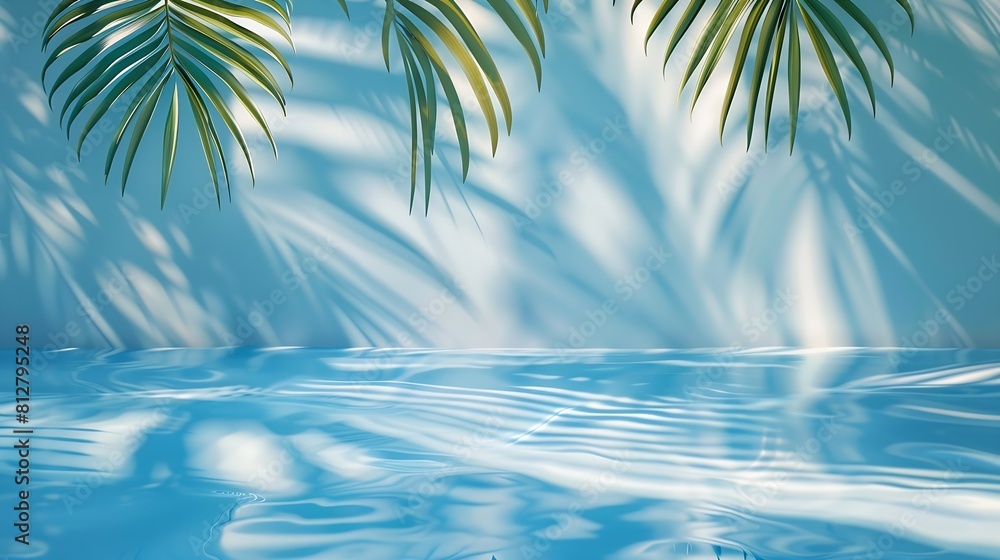 Poster summer backgroundpure water surface texture on blue wall studio with light shadow palm leavesbackdro