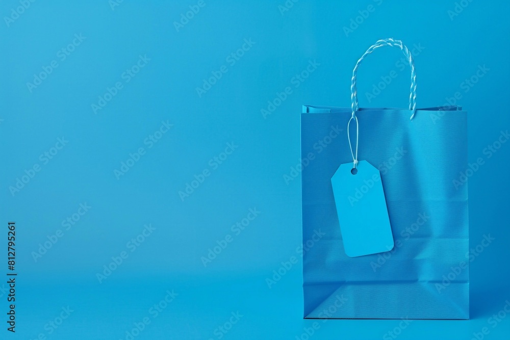 Wall mural Single blue shopping or gift bag with a blank label tag set against a serene blue sky background