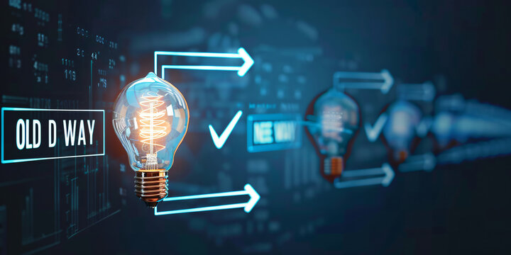 "Evolutionary Shift: Modern old light bulb vs new led light bulb Comparison on Table, 'Old vs New' Text, Embracing Future Technology, Reflecting Time Changes, Generative AI"
