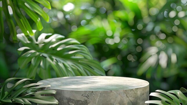 Stone podium table top outdoors blur green monstera tropical forest plant nature backgroundBeauty cosmetic healthy natural product placement pedestal displayspring or summer jungle par : Generative AI