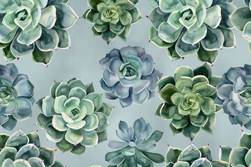 Artistic arrangement of various succulents, showcasing a pattern of vibrant greens and textures, ideal for botanical enthusiasts and interior design inspirations