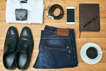 Business fashion, desk and coffee with high angle for dress code, essentials and preparing for day...