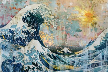 The great wave and the sun are shown on an abstract painting