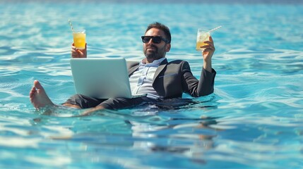 Summer vacations and freedom travel concept Portrait of funny business man on the beach Businessman in suit floating with laptop and cocktail in pool Crazy business man dreams on summe : Generative AI