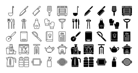 Kitchen icon set in line and glyph style. Suitable for apps, web design etc.