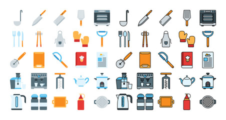 Kitchen icon set in flat and filled line style. Suitable for apps, web design etc.