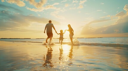 Fototapeta premium Happy family young father mother baby son run together child jump with fun by water pool along sunset sea surf on tropical beach Travel lifestyle people walking with kid on summer vac : Generative AI