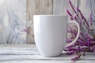 Mockup of a white coffee latte mug adorned with purple bird vetch flowers.