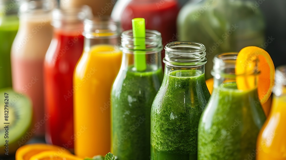 Poster fresh detox fruit and vegetable smoothies or juice in bottles with various ingredients around essent