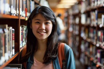 Young adult Asian female student engrossed in study amidst the tranquil ambiance of a library