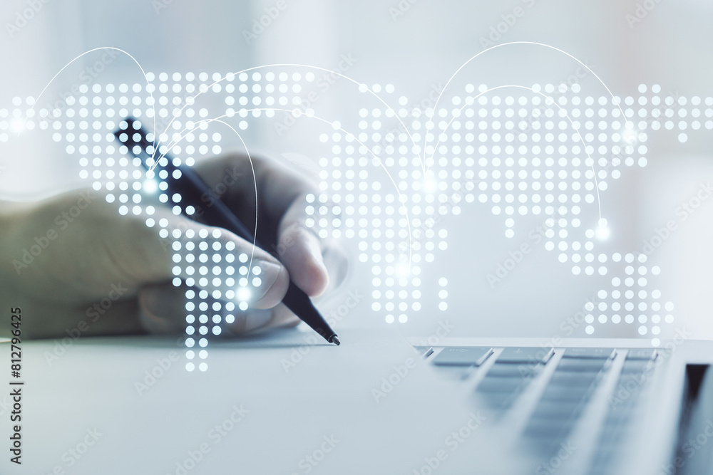 Poster abstract creative world map with connections and hand writing in notebook on background with laptop,