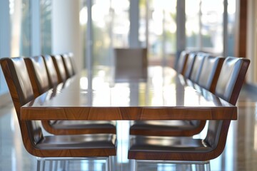 Bright meeting room interior focuses on a polished wooden conference table and leather chairs
