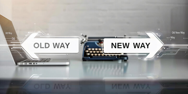 "Evolutionary Shift: Modern Computer and Typewriter Comparison on Table, 'Old vs New' Text, Embracing Future Technology, Reflecting Time Changes, Generative AI"