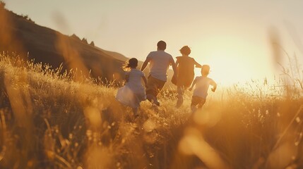 Happy family mother father children son and  daughter running back on nature  on sunset :...