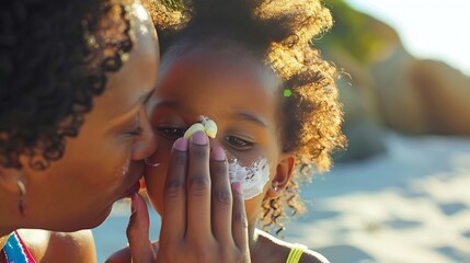 Young mother applying protective sunscreen on daughter nose at beach with copy space Black woman hand putting sun lotion on female child face African american cute little girl with sun : Generative AI