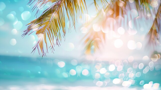 Abstract seascape with palm tree tropical beach background blur bokeh light of calm sea and sky summer vacation background concept : Generative AI