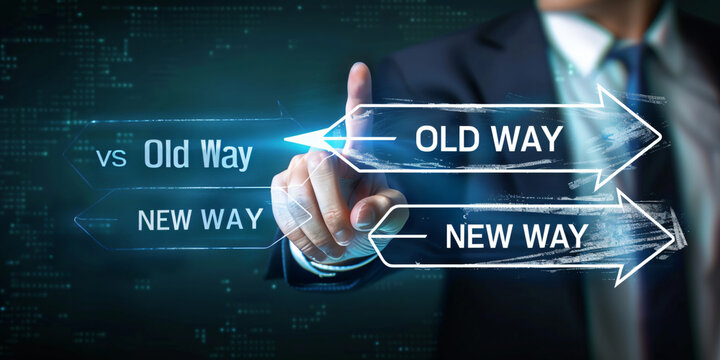 "Evolutionary Shift: of a businessman pointing finger touching on Old vs New' Text, Embracing Future Technology, Reflecting Time Changes, blurred background, Generative AI" - Powered by Adobe