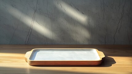 Kitchen wooden tabletop with empty stone tray for product montage : Generative AI