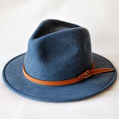 Vintage Blue Hat with Tan Band and Strap, Rustic Textured Fabric Accessory
