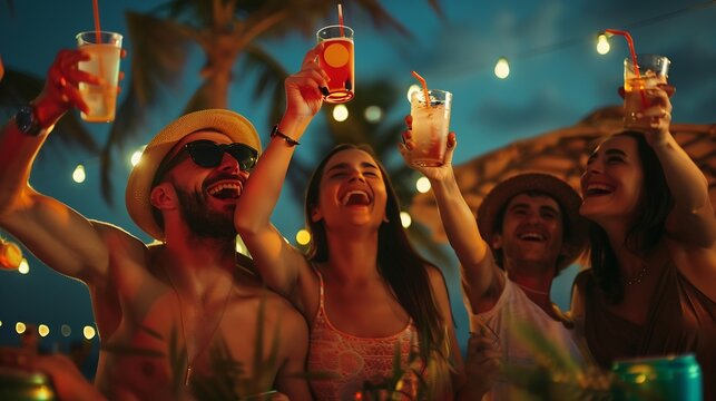 Happy friends cheering and drinking cocktails at beach party outdoor  Young millennials people having fun at weekend summer night  Youth lifestyle and nightlife concept  Main focus on  : Generative AI