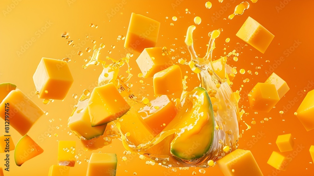 Aufkleber creative layout made from mango fruit with mango cubes and slices and splashing on a orange backgrou