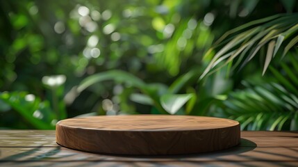 Wood podium table top floor in outdoors tropical garden forest blurred green leaf plant nature backgroundNatural product placement pedestal stand displayjungle paradise concept : Generative AI