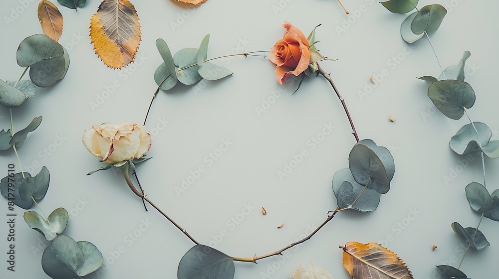 Poster autumn composition wreath made of eucalyptus branches rose flowers dried leaves on white background 